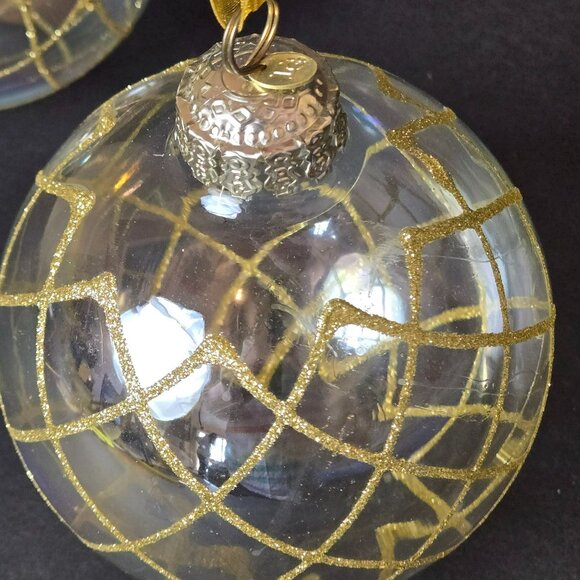 Frontgate Iridescent Glass Christmas Ornaments Set Of 3 Gold Lattice Ribbon 4" - Picture 3 of 7